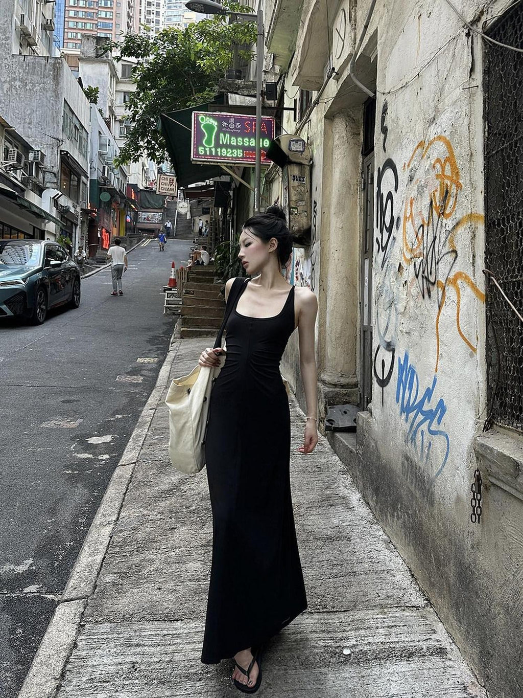 Fanptntox Black Slim Sleeveless U Neck Racerback Women's Cotton Blend Bodycon Maxi Dresses