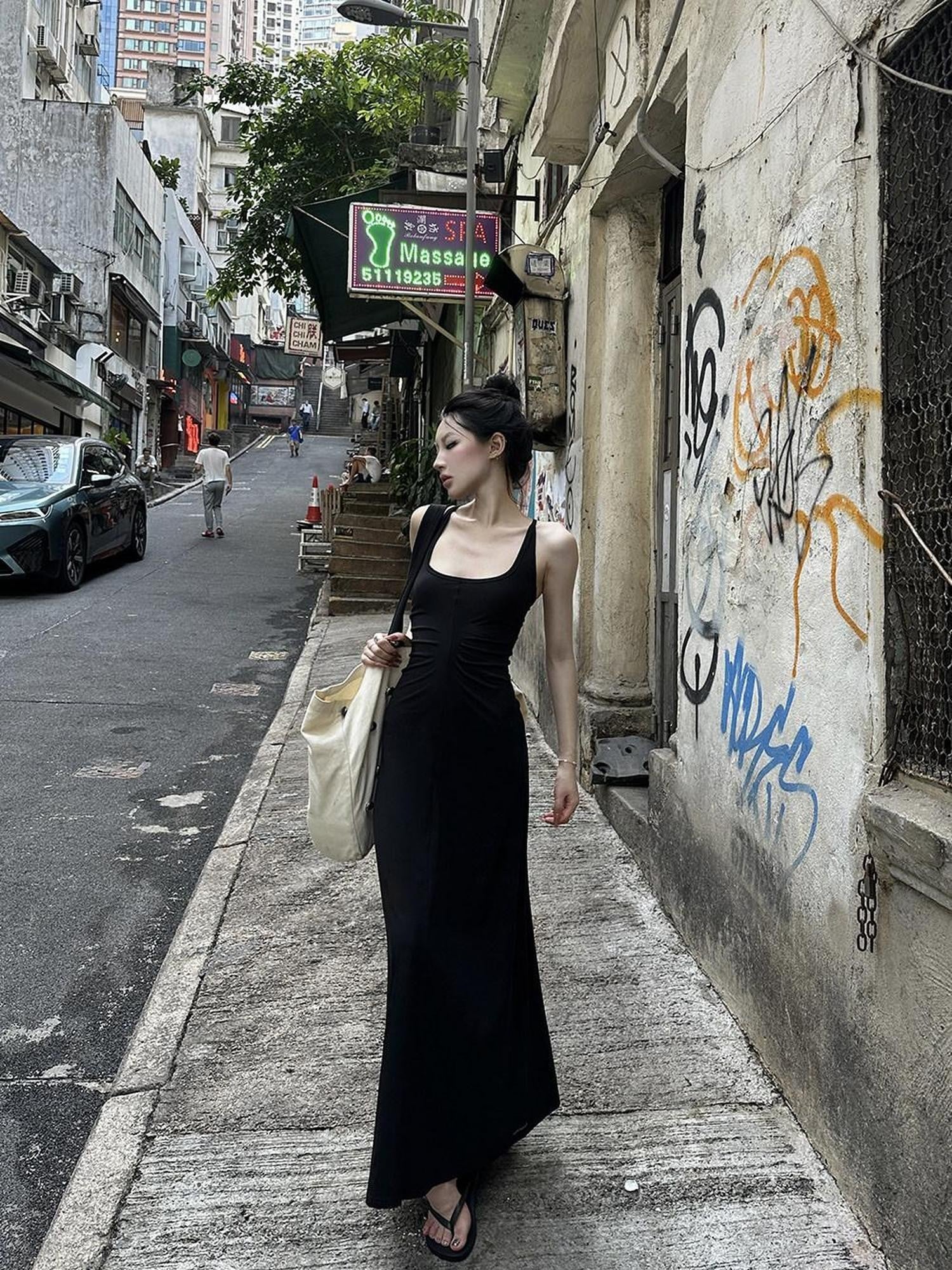 Fanptntox Black Slim Sleeveless U Neck Racerback Women's Cotton Blend Bodycon Maxi Dresses