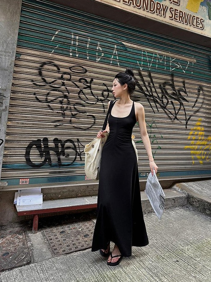 Fanptntox Black Slim Sleeveless U Neck Racerback Women's Cotton Blend Bodycon Maxi Dresses