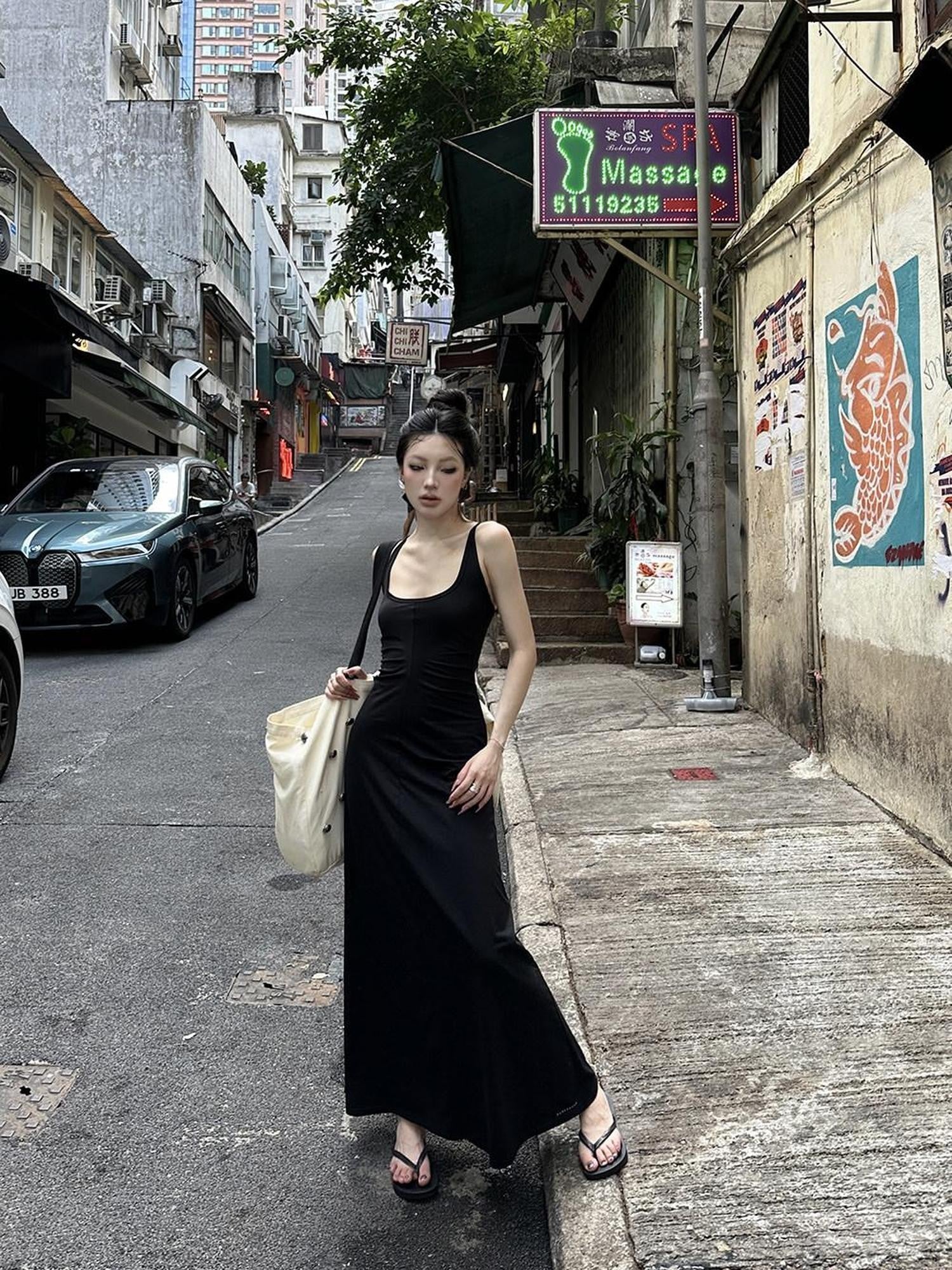 Fanptntox Black Slim Sleeveless U Neck Racerback Women's Cotton Blend Bodycon Maxi Dresses