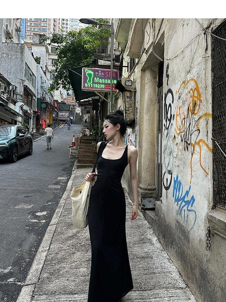Fanptntox Black Slim Sleeveless U Neck Racerback Women's Cotton Blend Bodycon Maxi Dresses