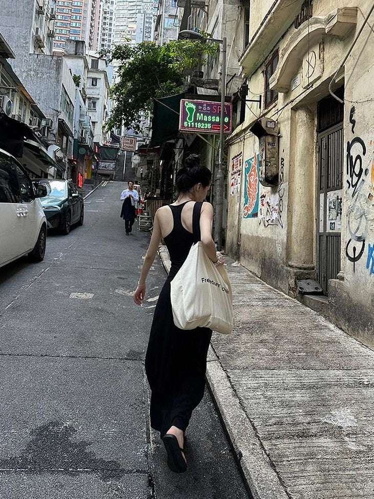 Fanptntox Black Slim Sleeveless U Neck Racerback Women's Cotton Blend Bodycon Maxi Dresses