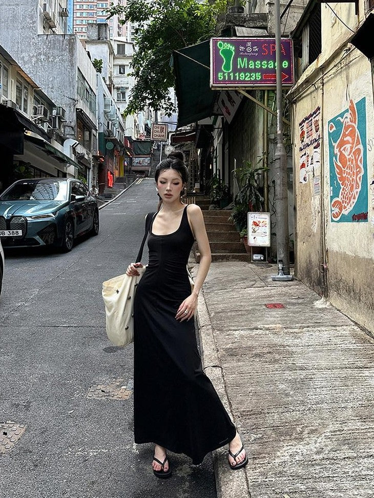 Fanptntox Black Slim Sleeveless U Neck Racerback Women's Cotton Blend Bodycon Maxi Dresses