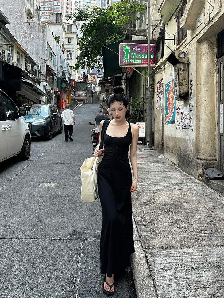 Fanptntox Black Slim Sleeveless U Neck Racerback Women's Cotton Blend Bodycon Maxi Dresses