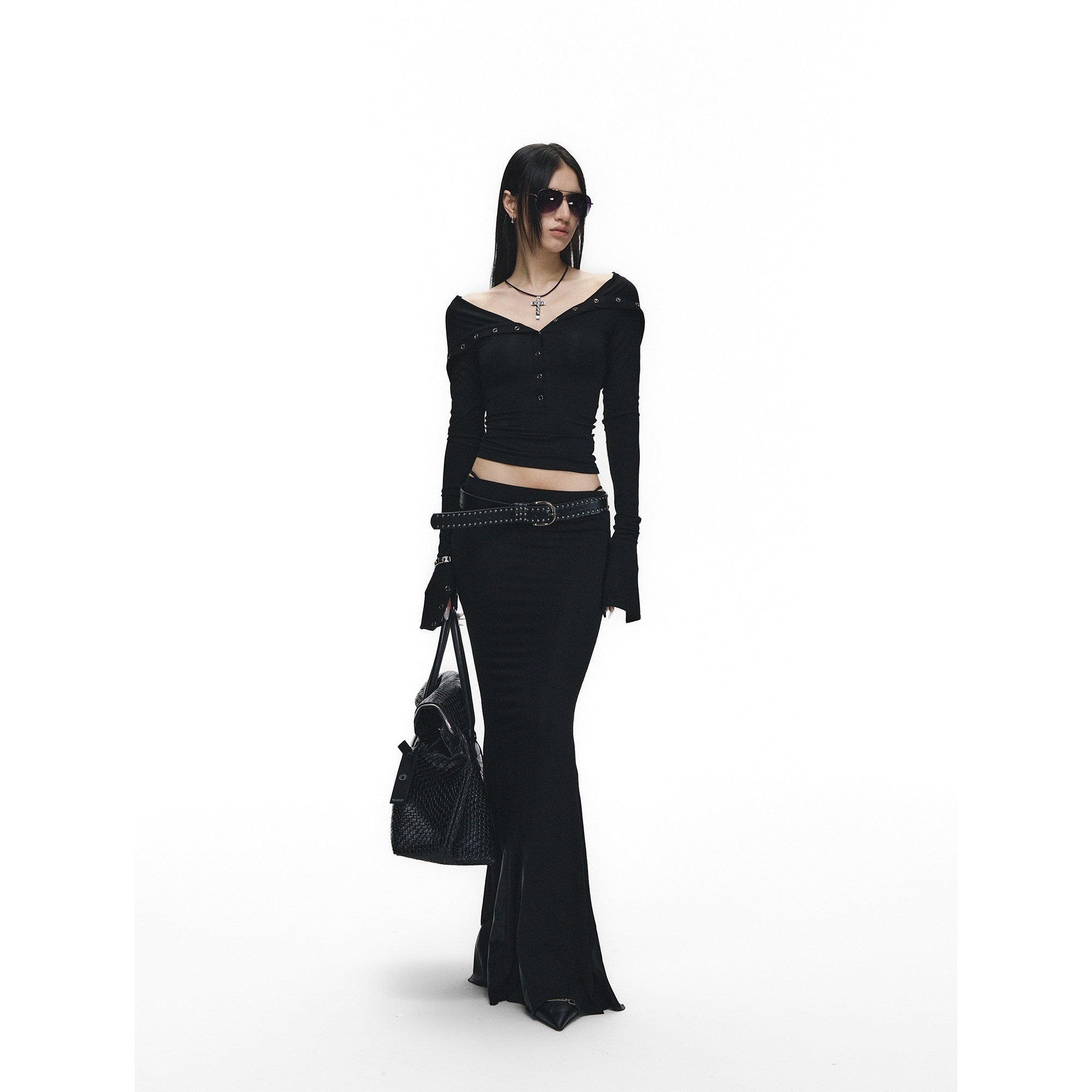 Fanptntox_Black_Slim_V-neck_Knit_Spliced_Mermaid_Skirt_Women's_Viscose_Matching_Skirt_Sets_964634741653_MISSTT