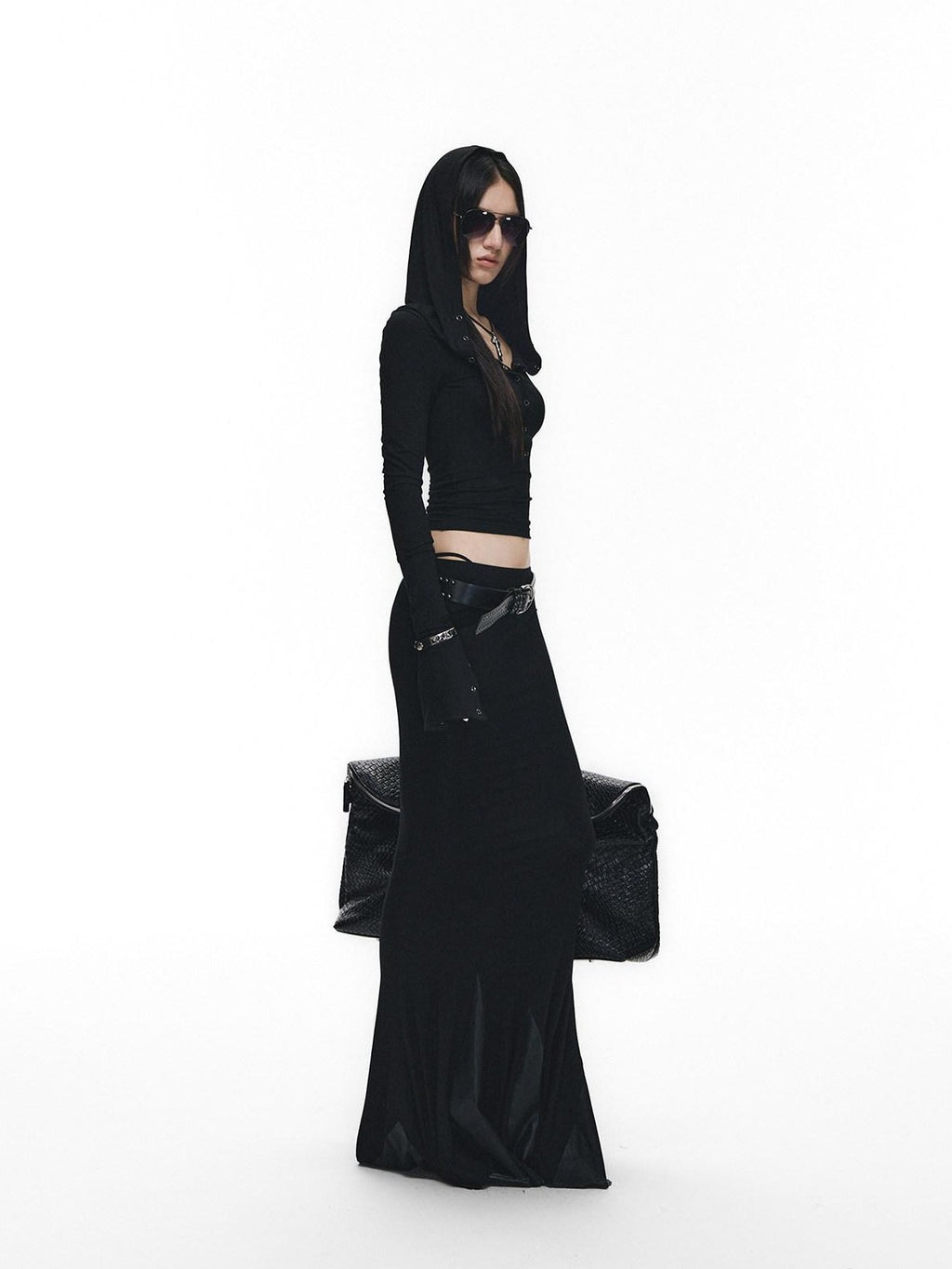 Fanptntox Black Slim V-neck Knit Spliced Mermaid Skirt Women's Viscose Matching Skirt Sets