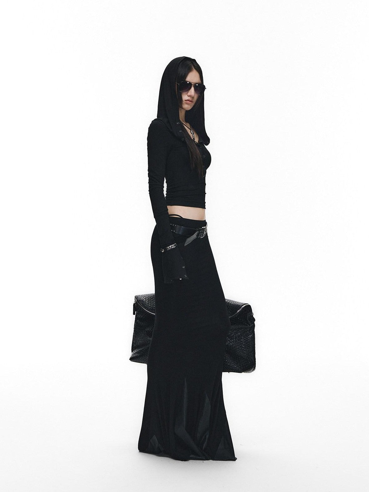 Fanptntox Black Slim V-neck Knit Spliced Mermaid Skirt Women's Viscose Matching Skirt Sets