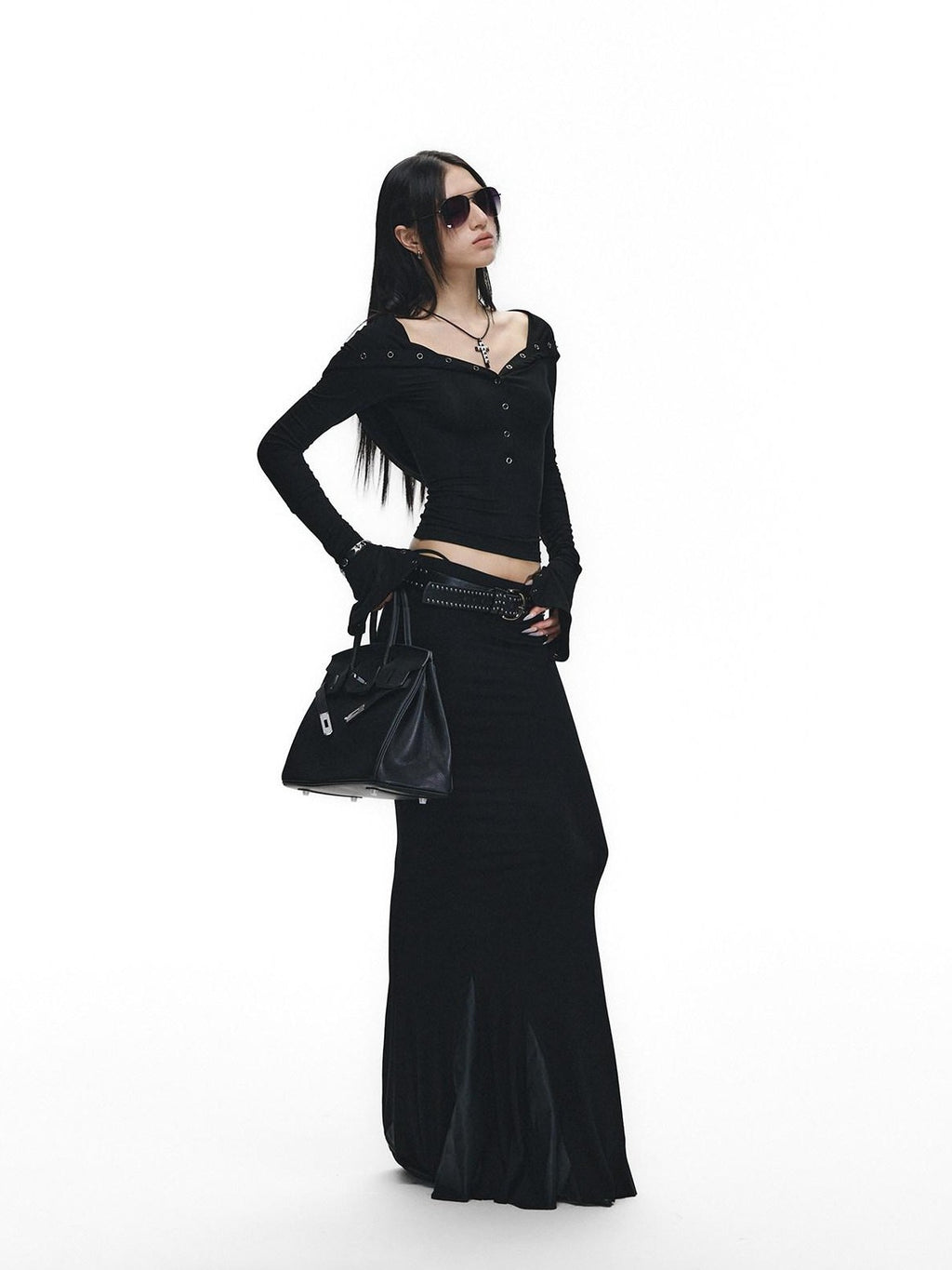 Fanptntox Black Slim V-neck Knit Spliced Mermaid Skirt Women's Viscose Matching Skirt Sets