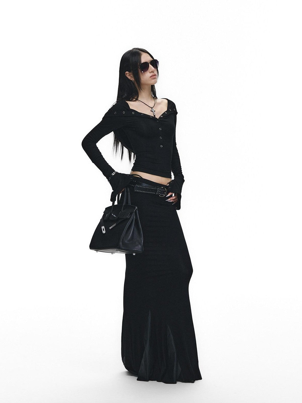Fanptntox Black Slim V-neck Knit Spliced Mermaid Skirt Women's Viscose Matching Skirt Sets