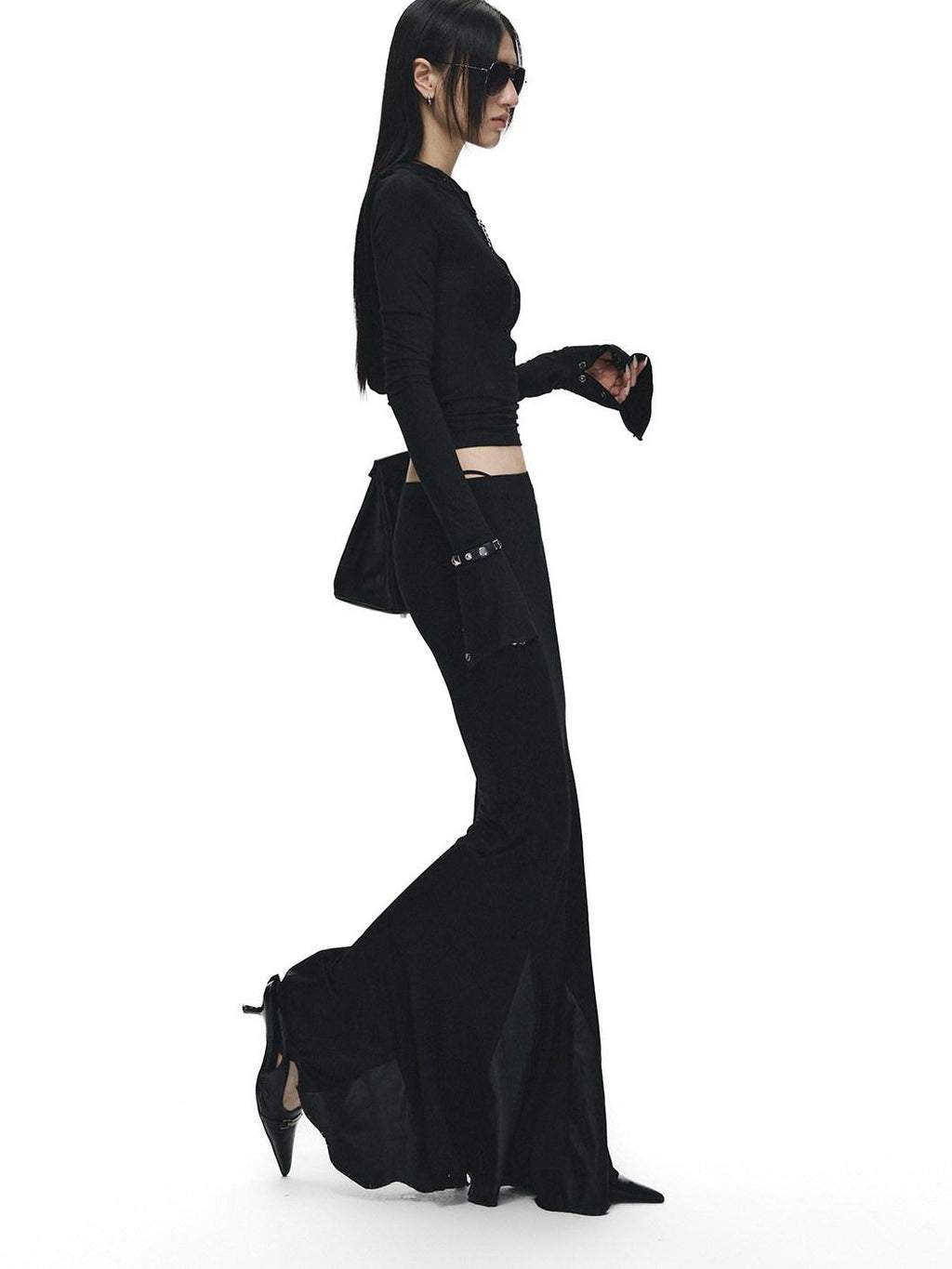 Fanptntox Black Slim V-neck Knit Spliced Mermaid Skirt Women's Viscose Matching Skirt Sets