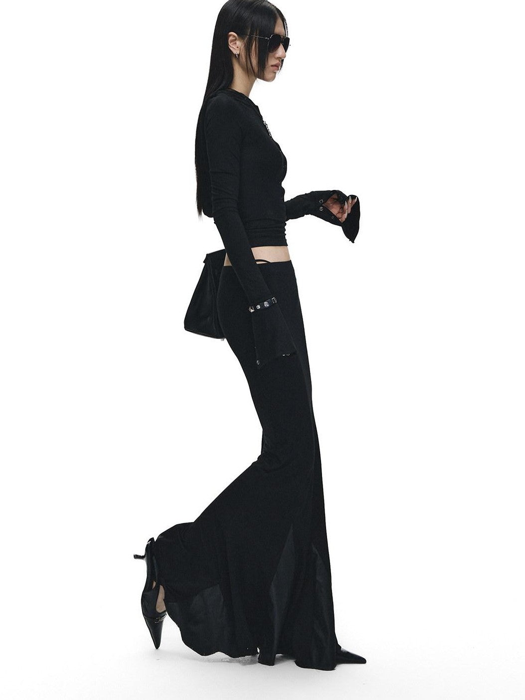 Fanptntox Black Slim V-neck Knit Spliced Mermaid Skirt Women's Viscose Matching Skirt Sets