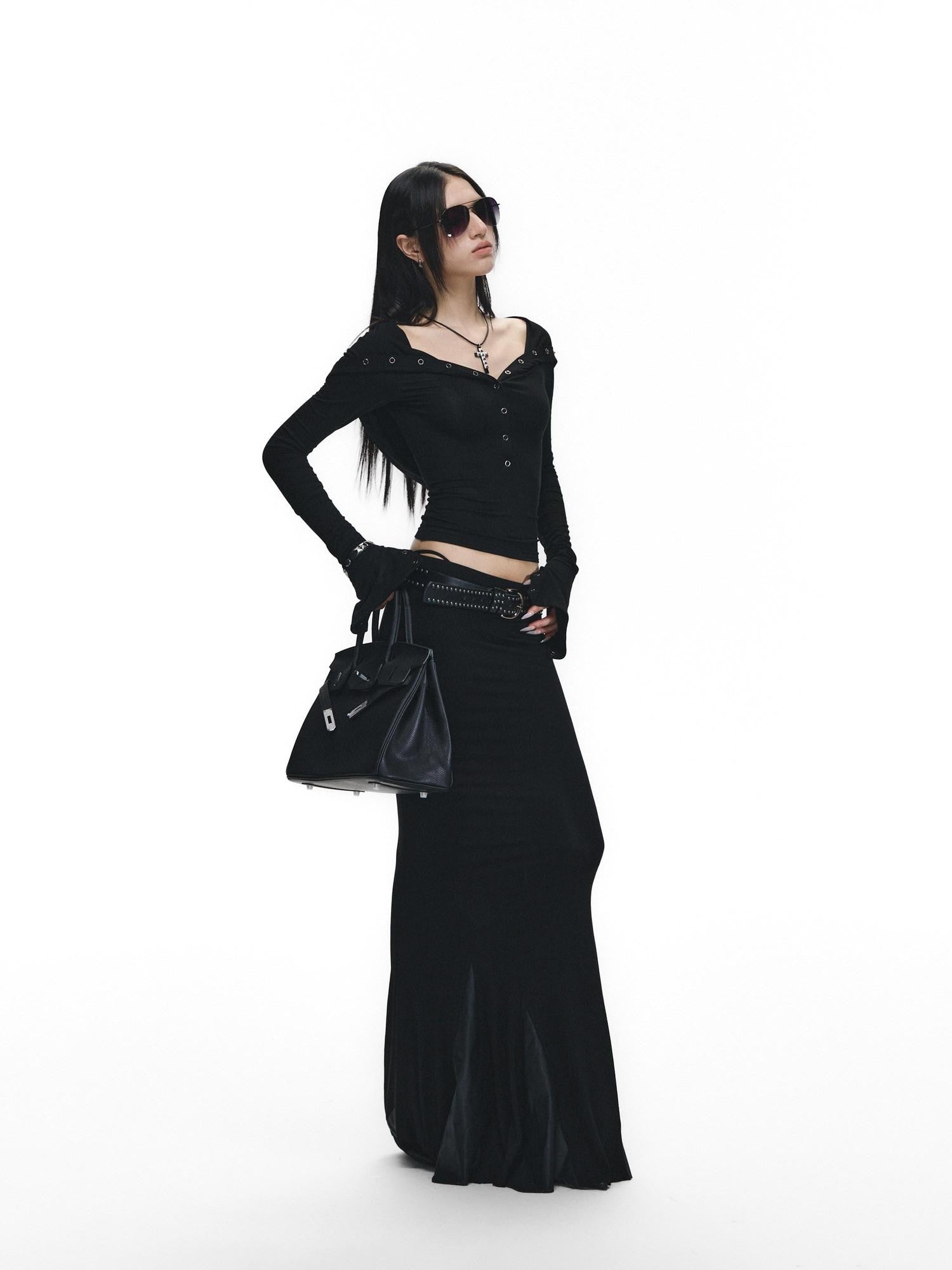 Fanptntox Black Slim V-neck Knit Spliced Mermaid Skirt Women's Viscose Matching Skirt Sets