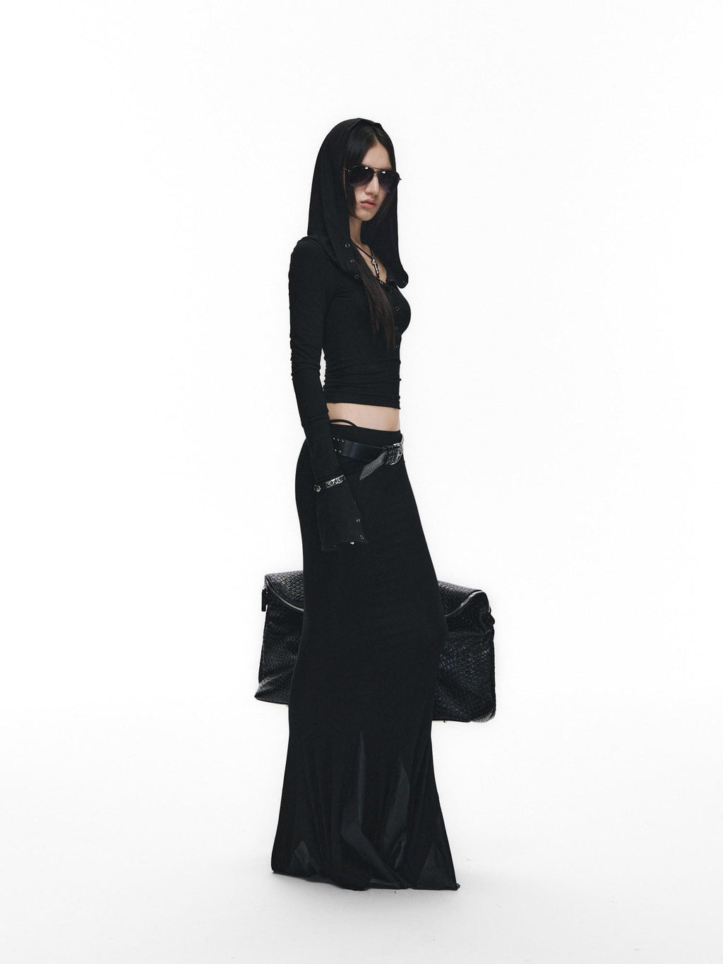 Fanptntox Black Slim V-neck Knit Spliced Mermaid Skirt Women's Viscose Matching Skirt Sets