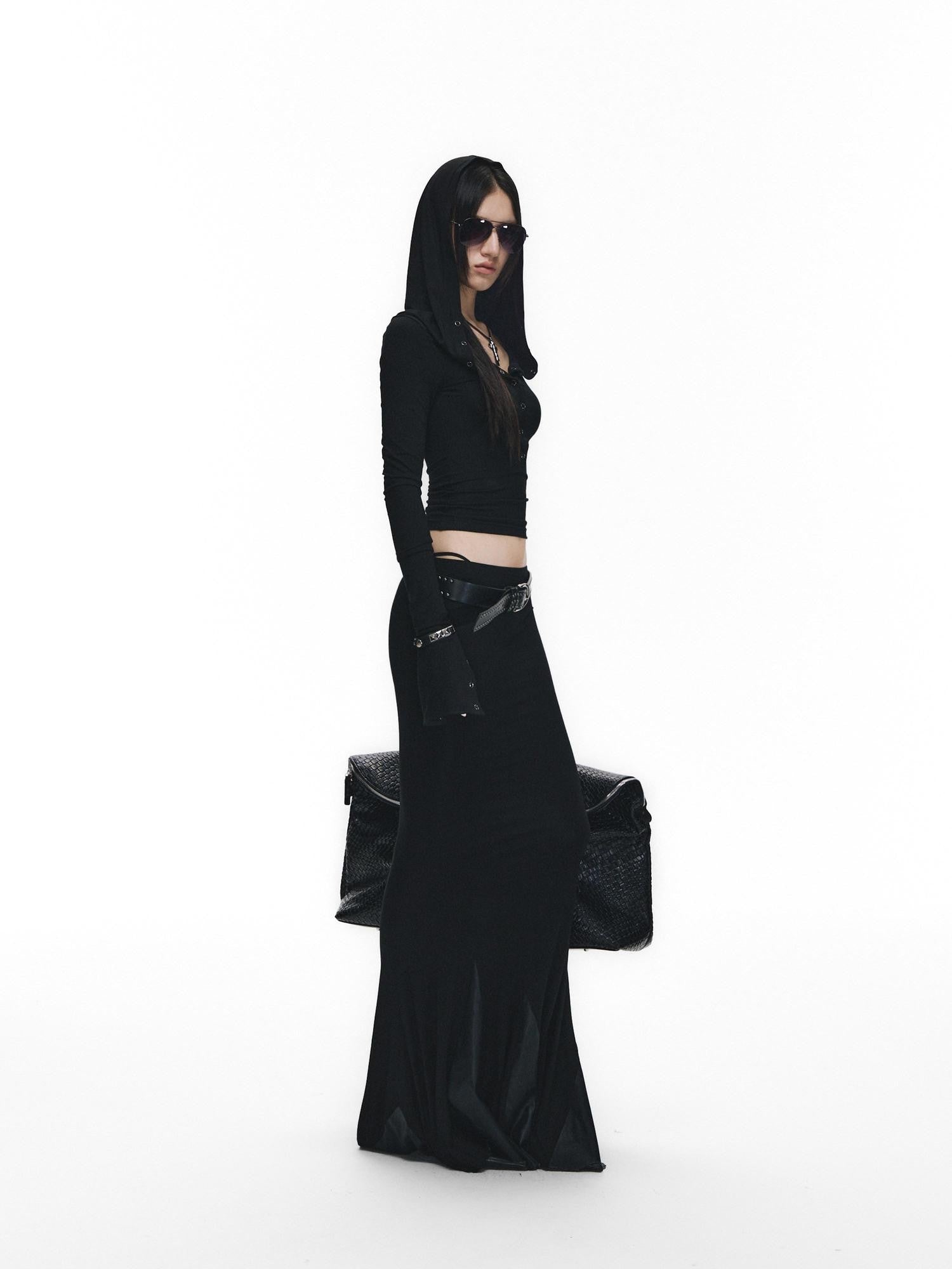 Fanptntox Black Slim V-neck Knit Spliced Mermaid Skirt Women's Viscose Matching Skirt Sets