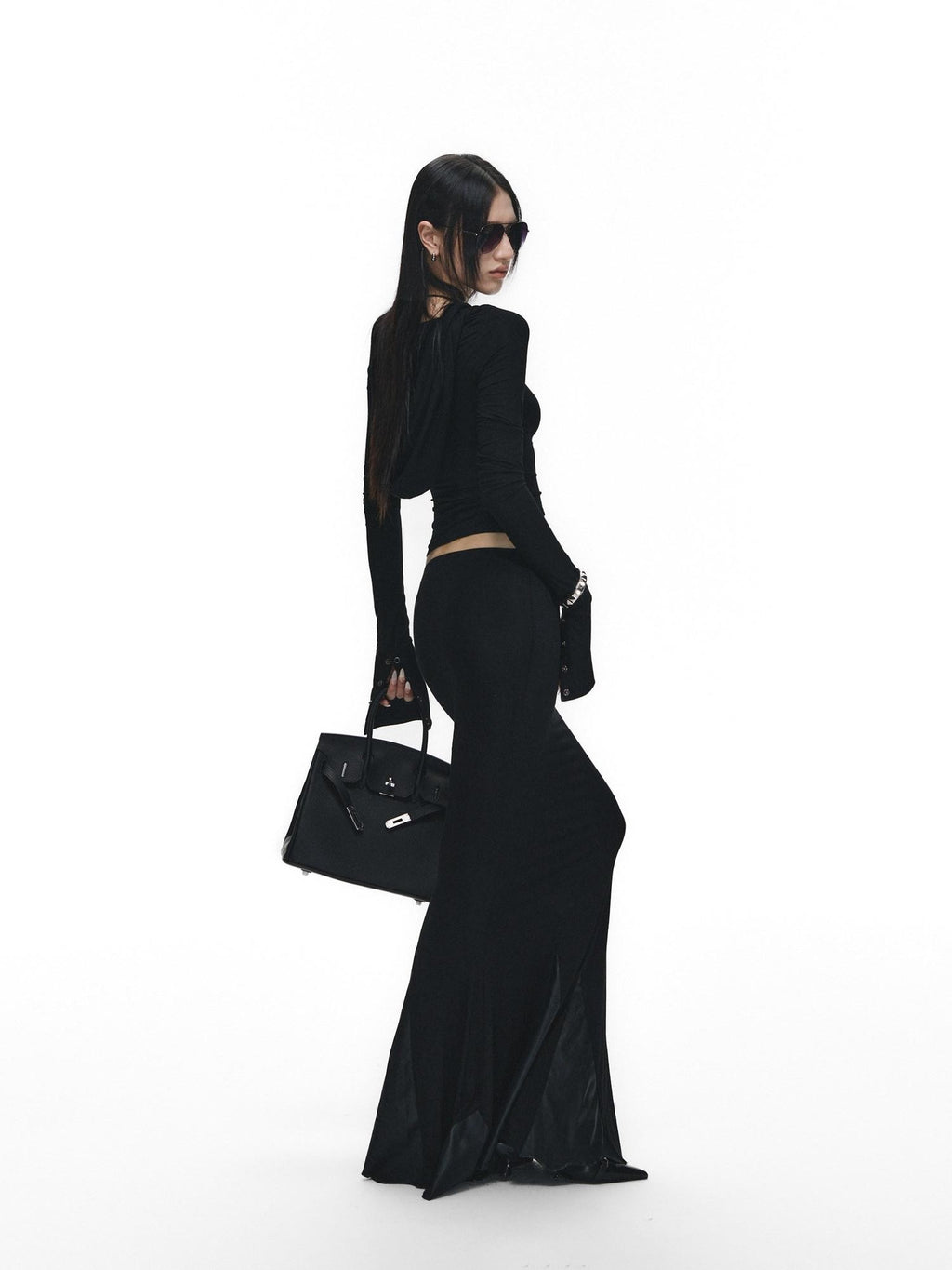 Fanptntox Black Slim V-neck Knit Spliced Mermaid Skirt Women's Viscose Matching Skirt Sets