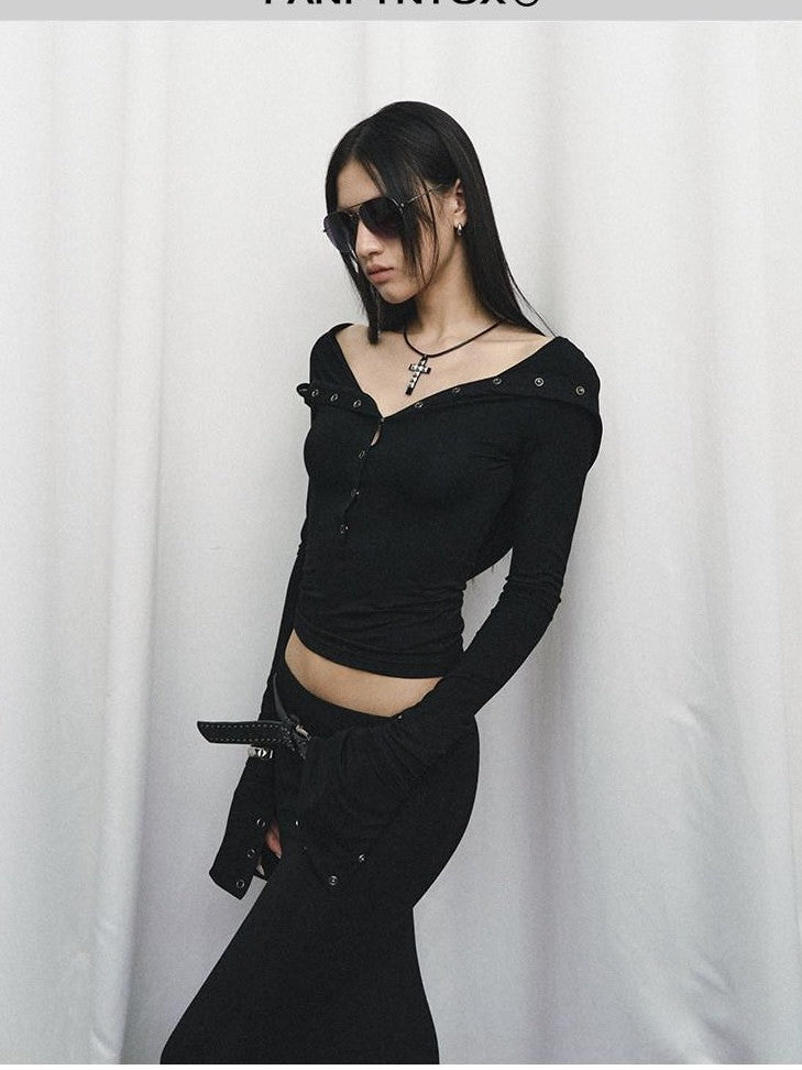 Fanptntox Black Slim V-neck Knit Spliced Mermaid Skirt Women's Viscose Matching Skirt Sets
