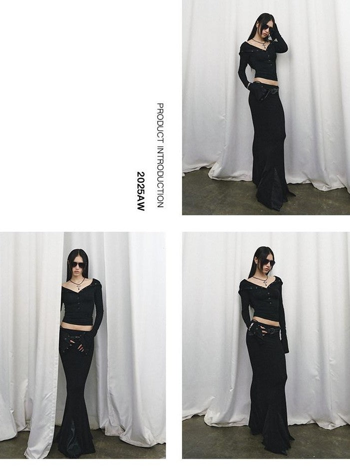 Fanptntox Black Slim V-neck Knit Spliced Mermaid Skirt Women's Viscose Matching Skirt Sets