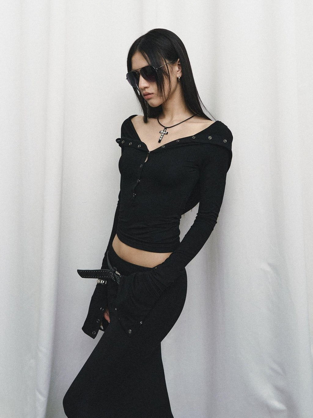 Fanptntox Black Slim V-neck Knit Spliced Mermaid Skirt Women's Viscose Matching Skirt Sets