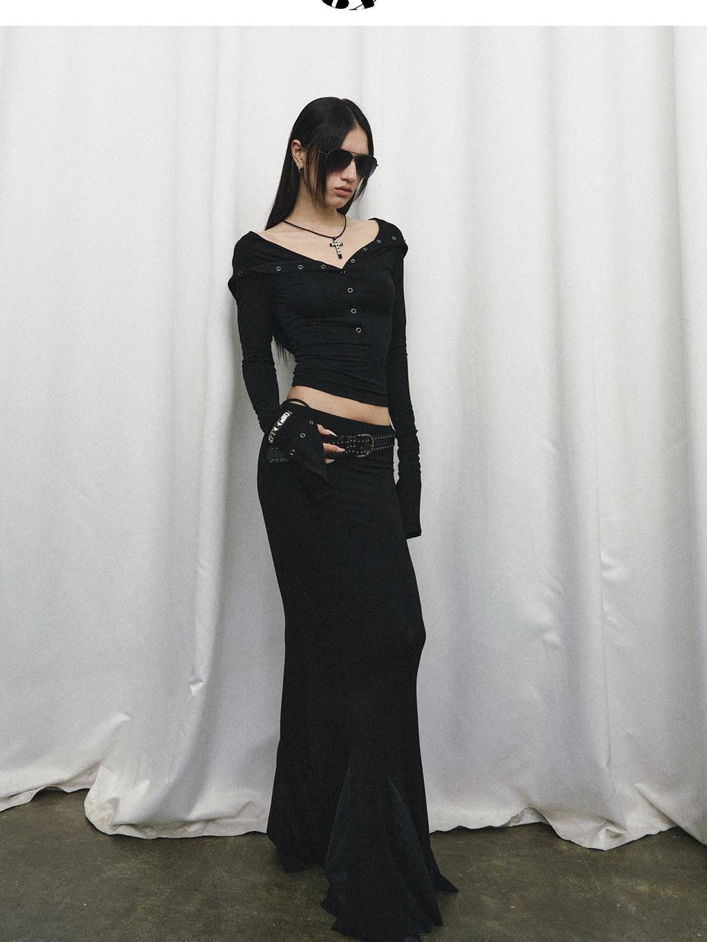 Fanptntox Black Slim V-neck Knit Spliced Mermaid Skirt Women's Viscose Matching Skirt Sets