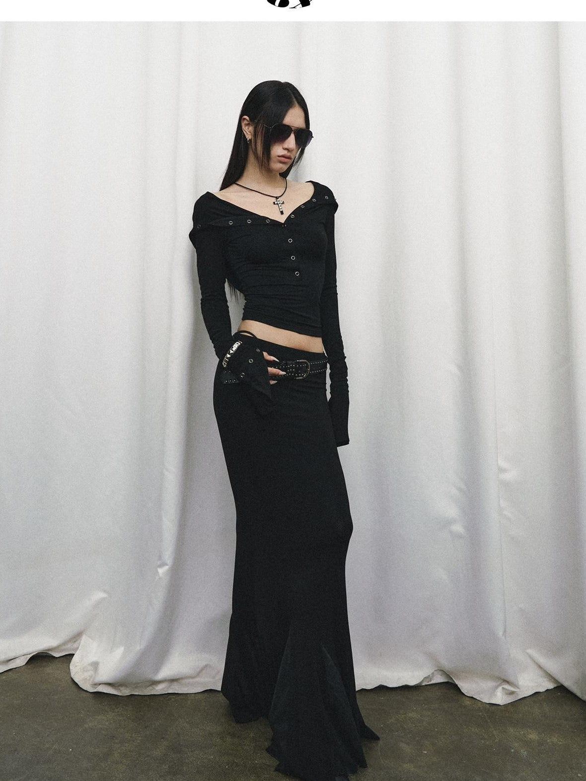 Fanptntox Black Slim V-neck Knit Spliced Mermaid Skirt Women's Viscose Matching Skirt Sets