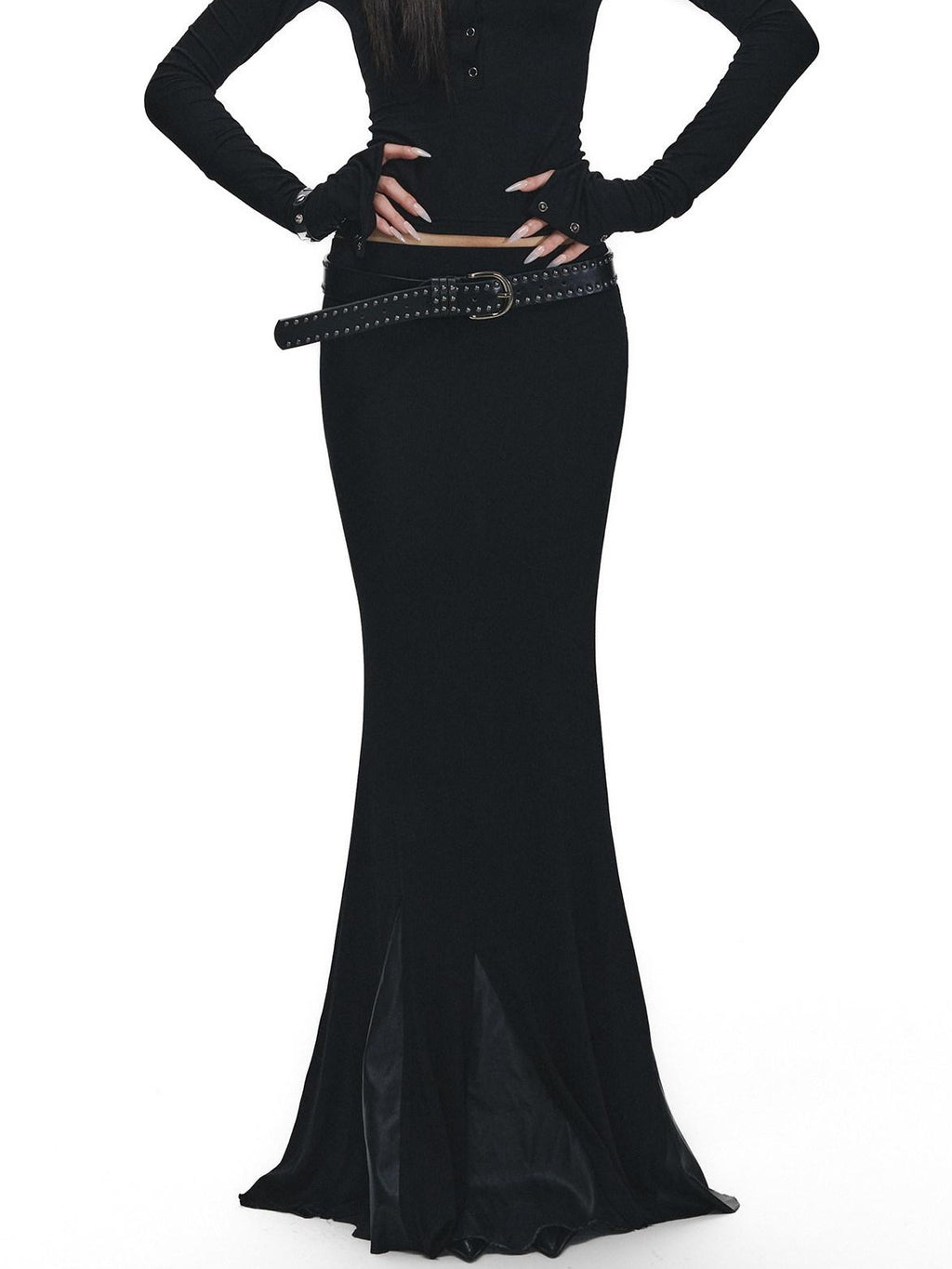 Fanptntox Black Slim V-neck Knit Spliced Mermaid Skirt Women's Viscose Matching Skirt Sets