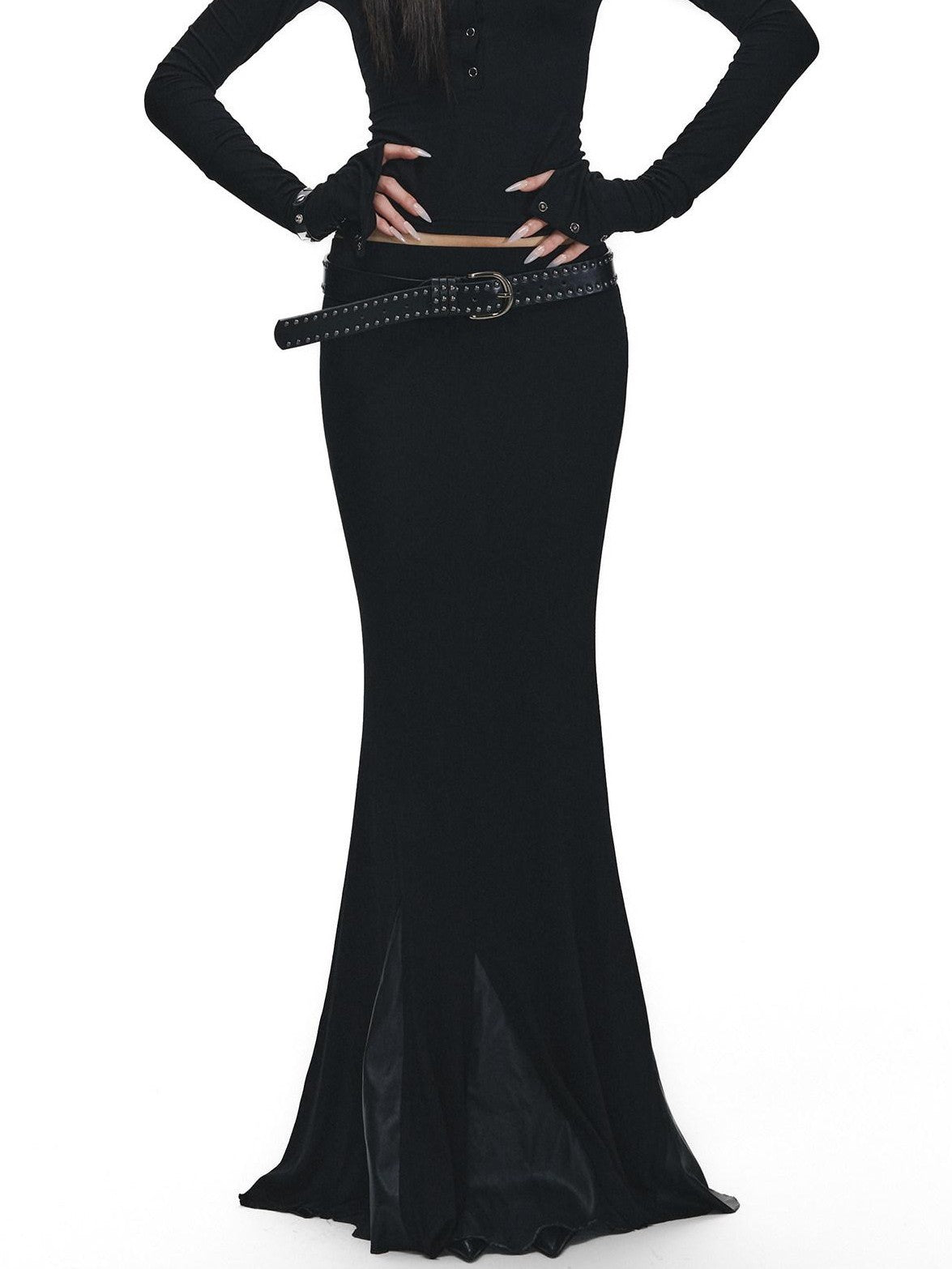 Fanptntox Black Slim V-neck Knit Spliced Mermaid Skirt Women's Viscose Matching Skirt Sets