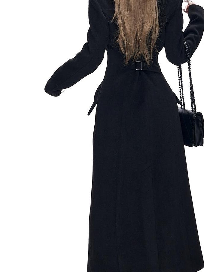 Fanptntox Black Solid Color Big Lapel Long Slim Fit A Line Women's Wool Coats