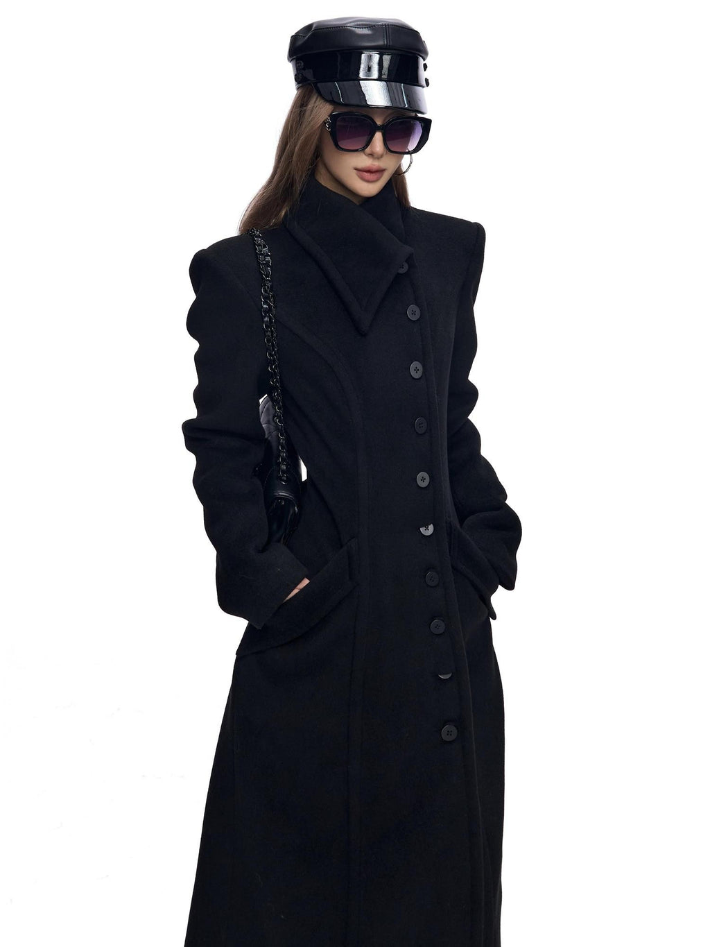 Fanptntox Black Solid Color Big Lapel Long Slim Fit A Line Women's Wool Coats