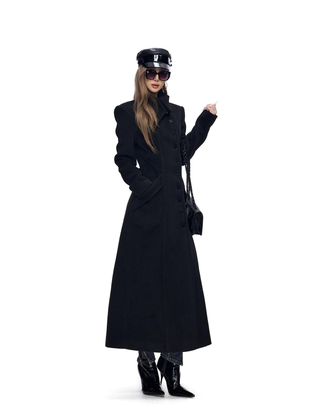 Fanptntox Black Solid Color Big Lapel Long Slim Fit A Line Women's Wool Coats