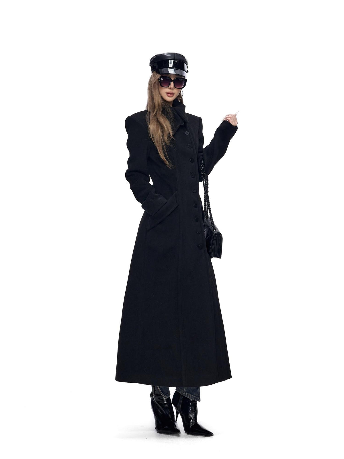 Fanptntox Black Solid Color Big Lapel Long Slim Fit A Line Women's Wool Coats