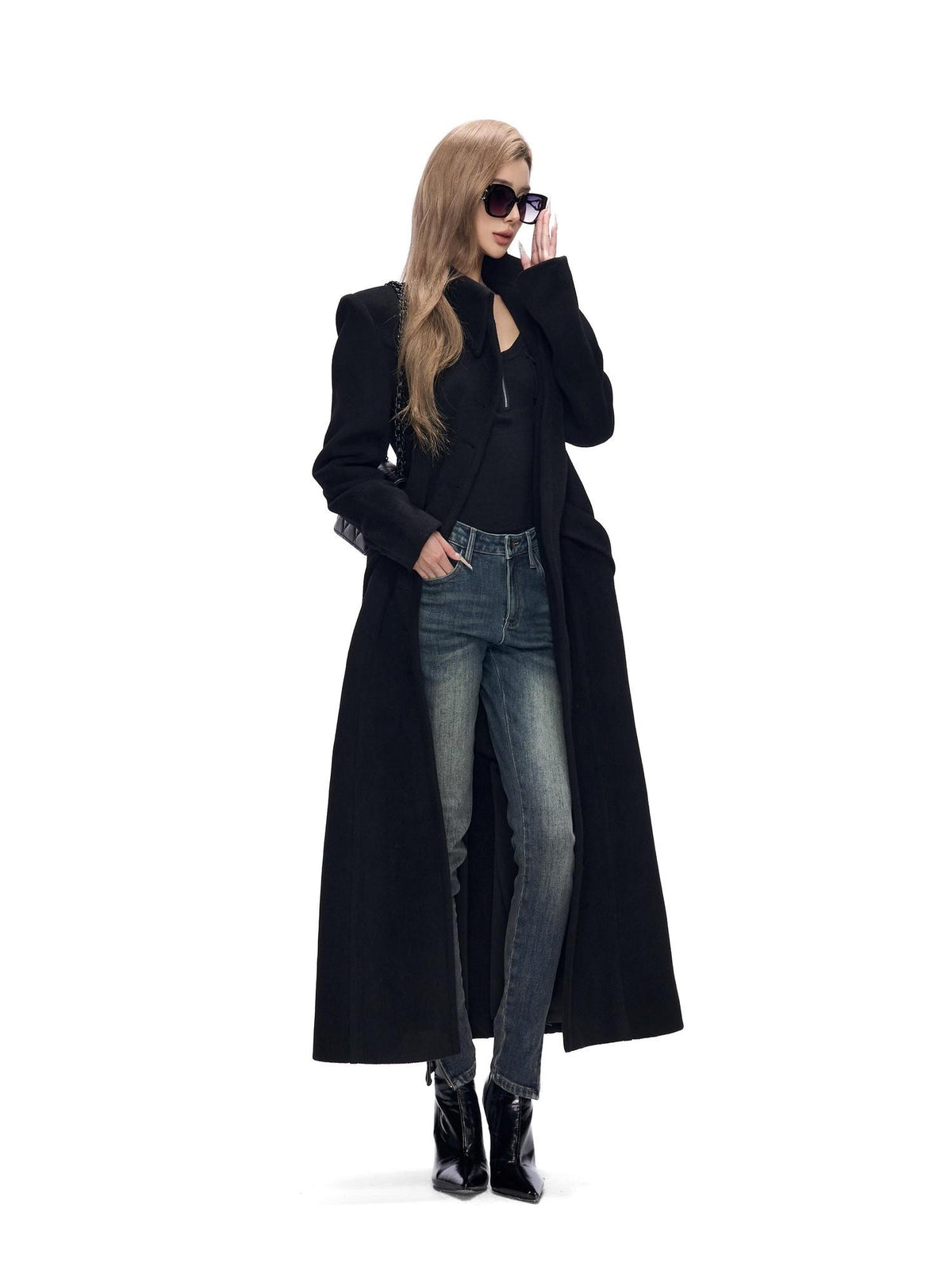 Fanptntox Black Solid Color Big Lapel Long Slim Fit A Line Women's Wool Coats
