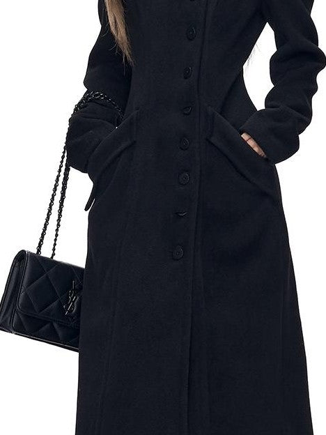 Fanptntox Black Solid Color Big Lapel Long Slim Fit A Line Women's Wool Coats