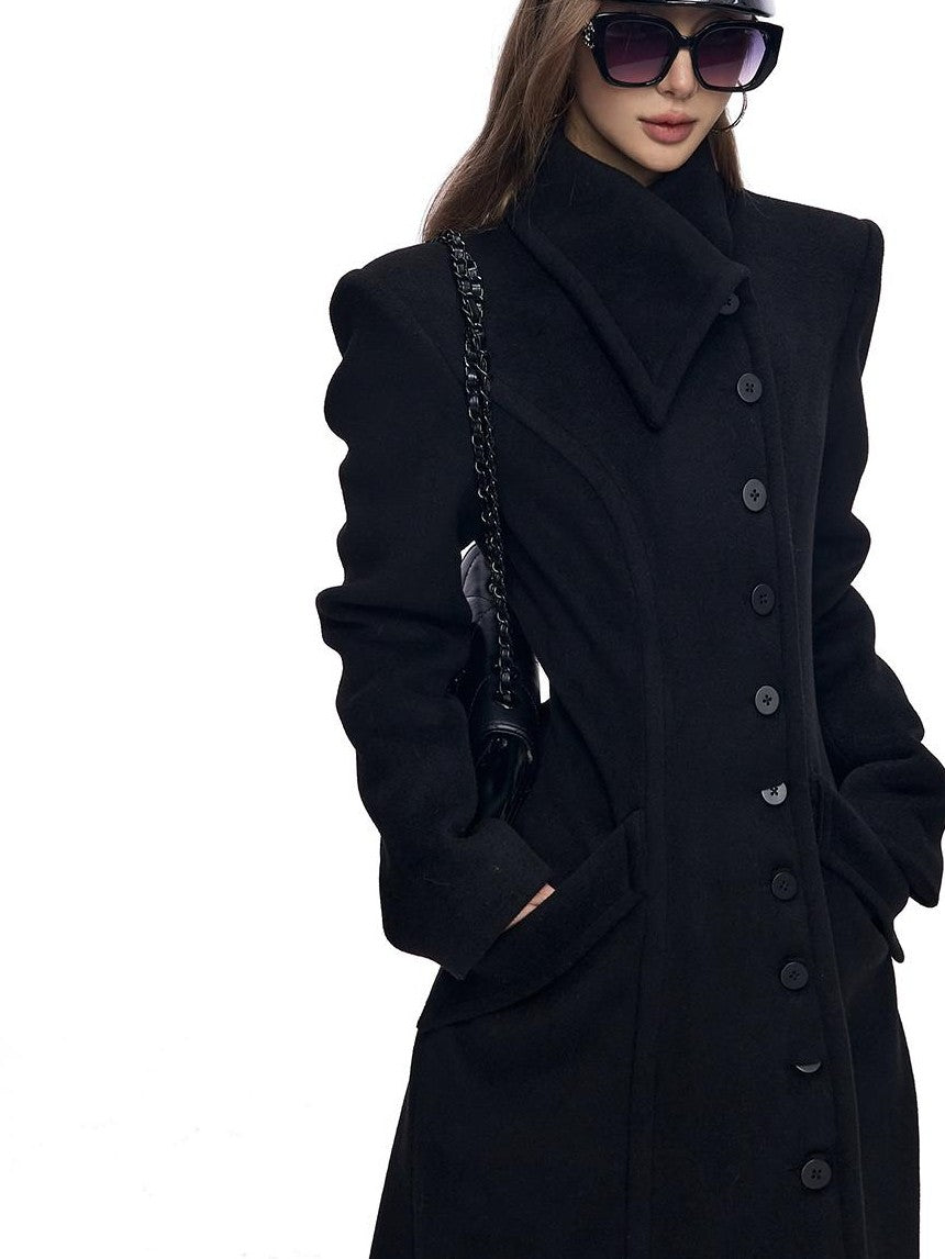 Fanptntox Black Solid Color Big Lapel Long Slim Fit A Line Women's Wool Coats