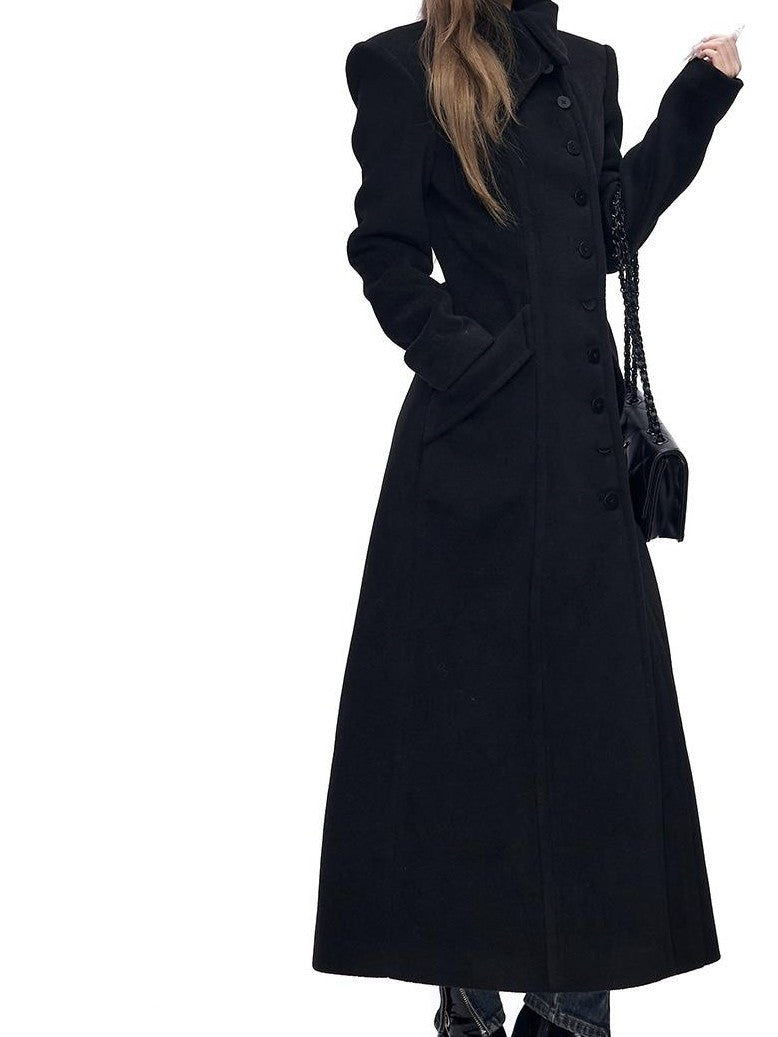 Fanptntox Black Solid Color Big Lapel Long Slim Fit A Line Women's Wool Coats