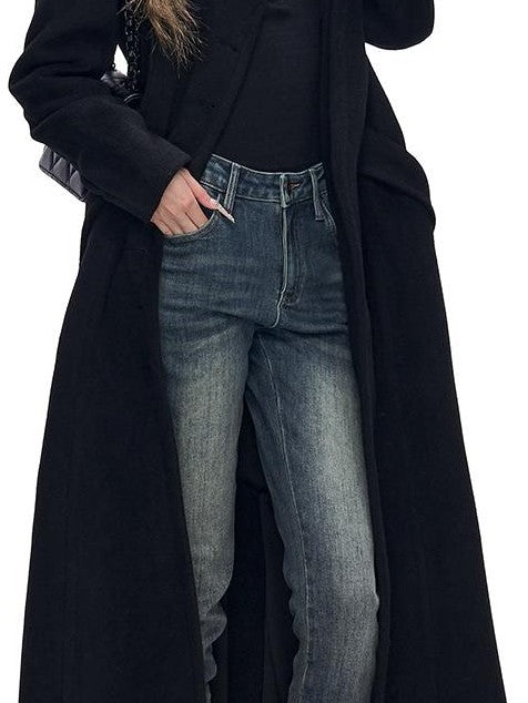 Fanptntox Black Solid Color Big Lapel Long Slim Fit A Line Women's Wool Coats