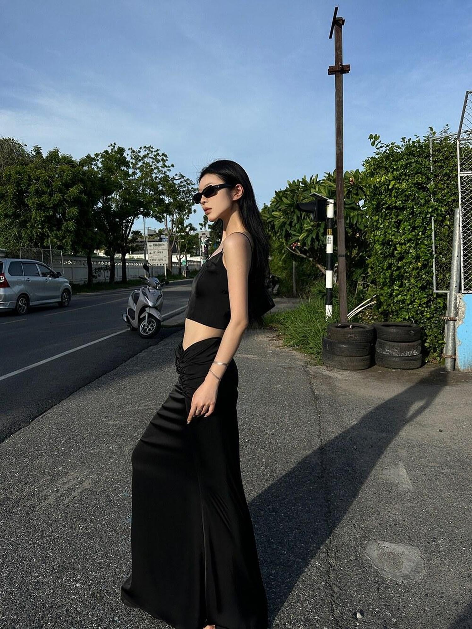 Fanptntox Black Solid Fitted Low Waist Fishtail Long Women's Mermaid Skirts