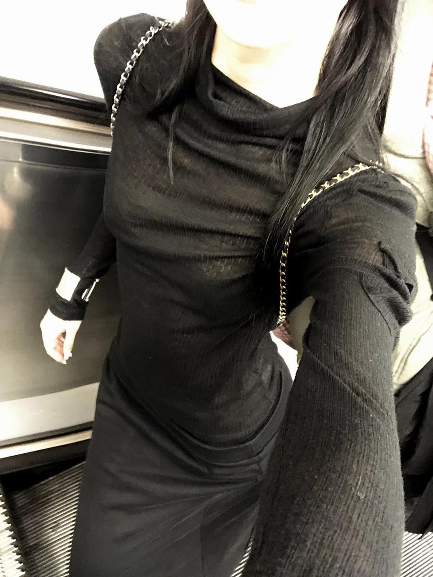 Fanptntox Black Solid Micro Sheer High Neck Slim Fit Women's Long Sleeve T-shirts