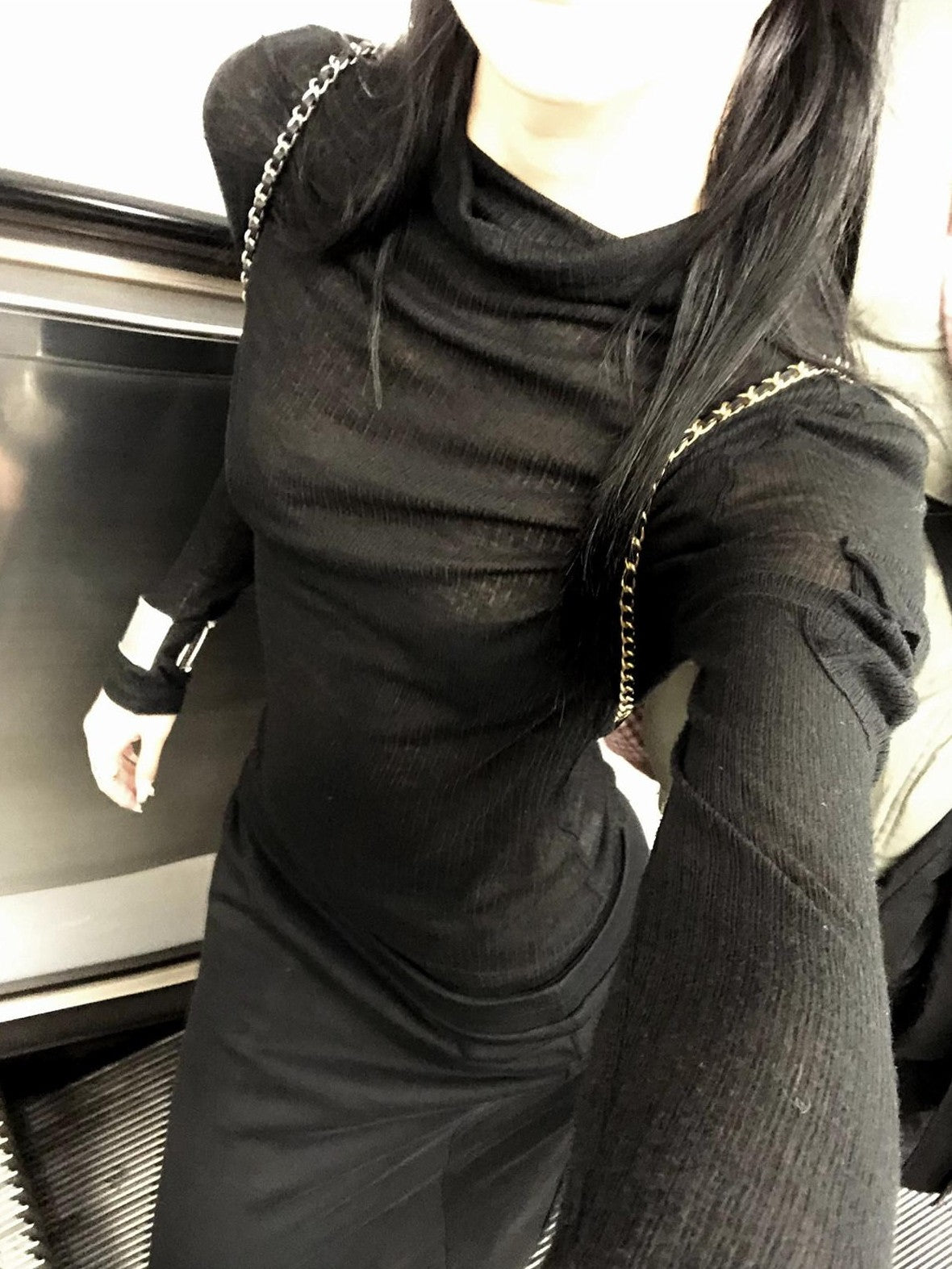 Fanptntox Black Solid Micro Sheer High Neck Slim Fit Women's Long Sleeve T-shirts