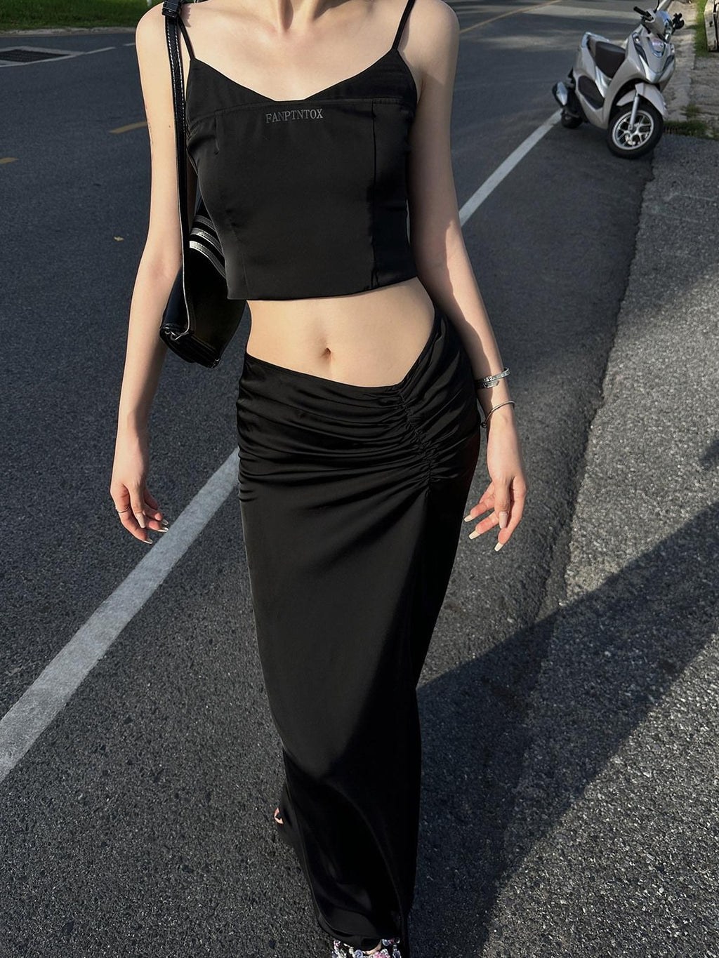 Fanptntox Black Solid Slim Cropped Street Style Women's Other Fabric Camisoles