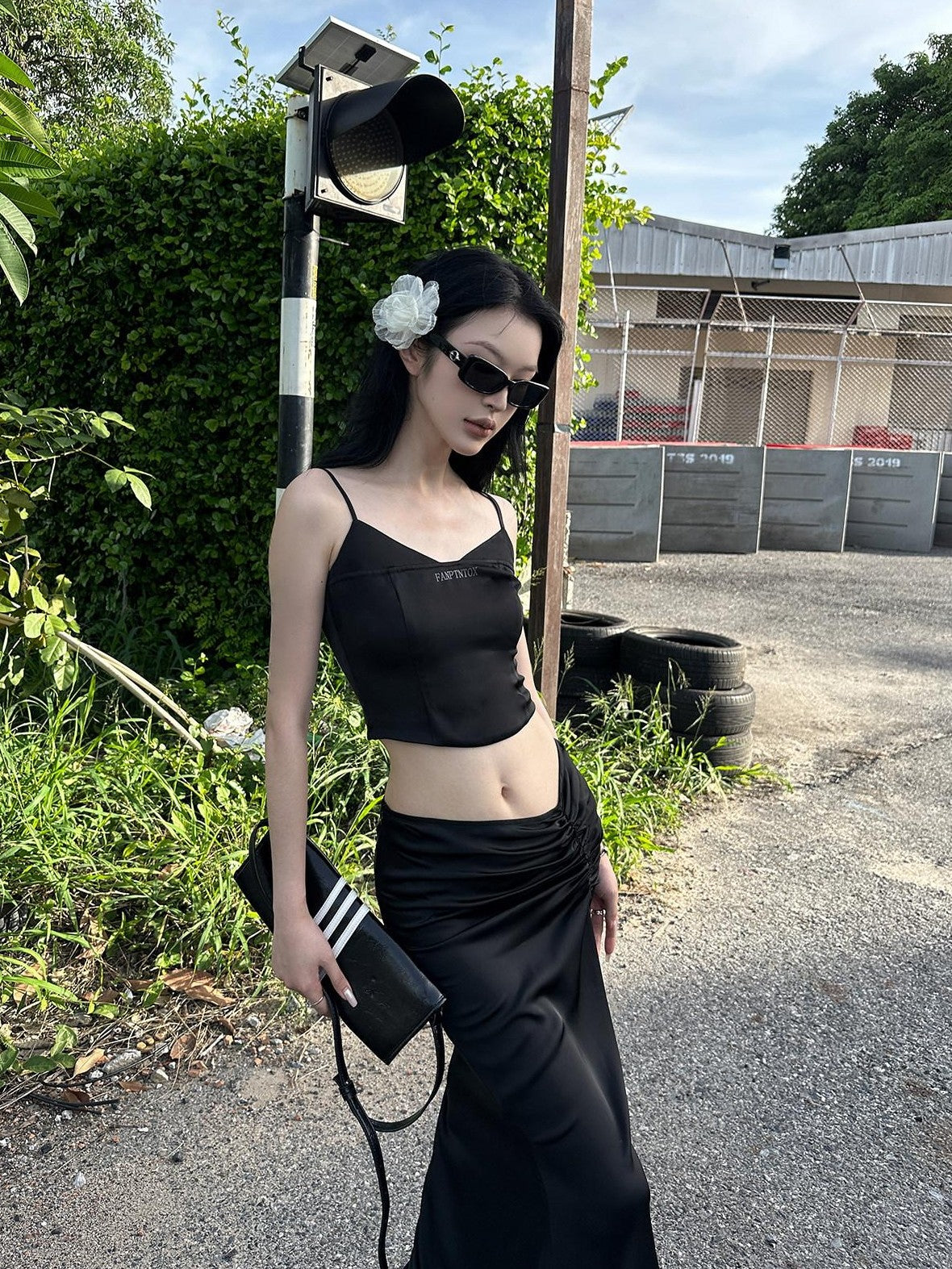 Fanptntox Black Solid Slim Cropped Street Style Women's Other Fabric Camisoles