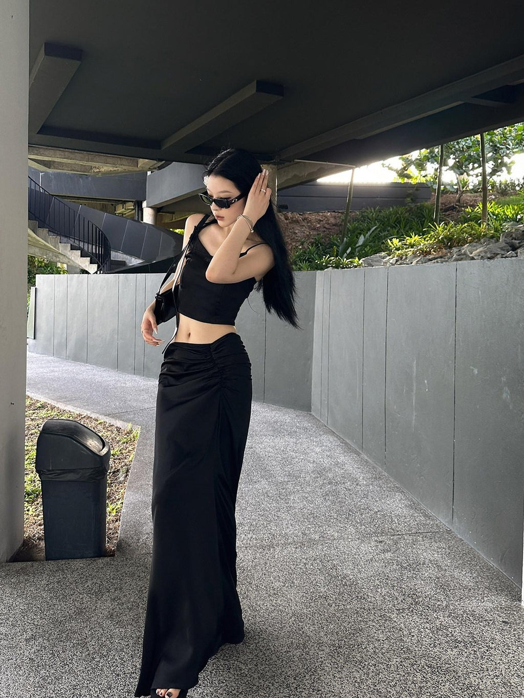 Fanptntox Black Solid Slim Cropped Street Style Women's Other Fabric Camisoles