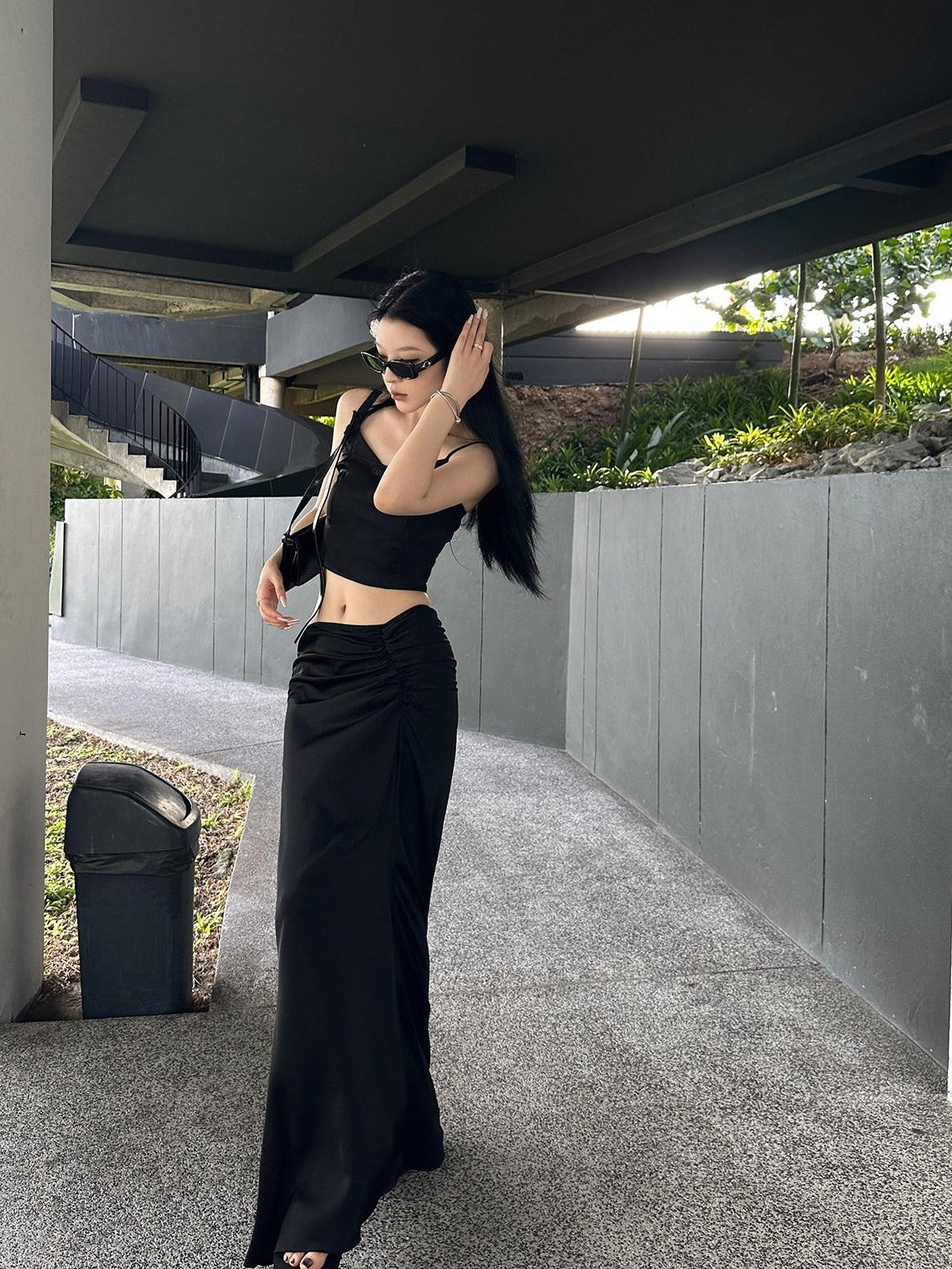 Fanptntox Black Solid Slim Cropped Street Style Women's Other Fabric Camisoles