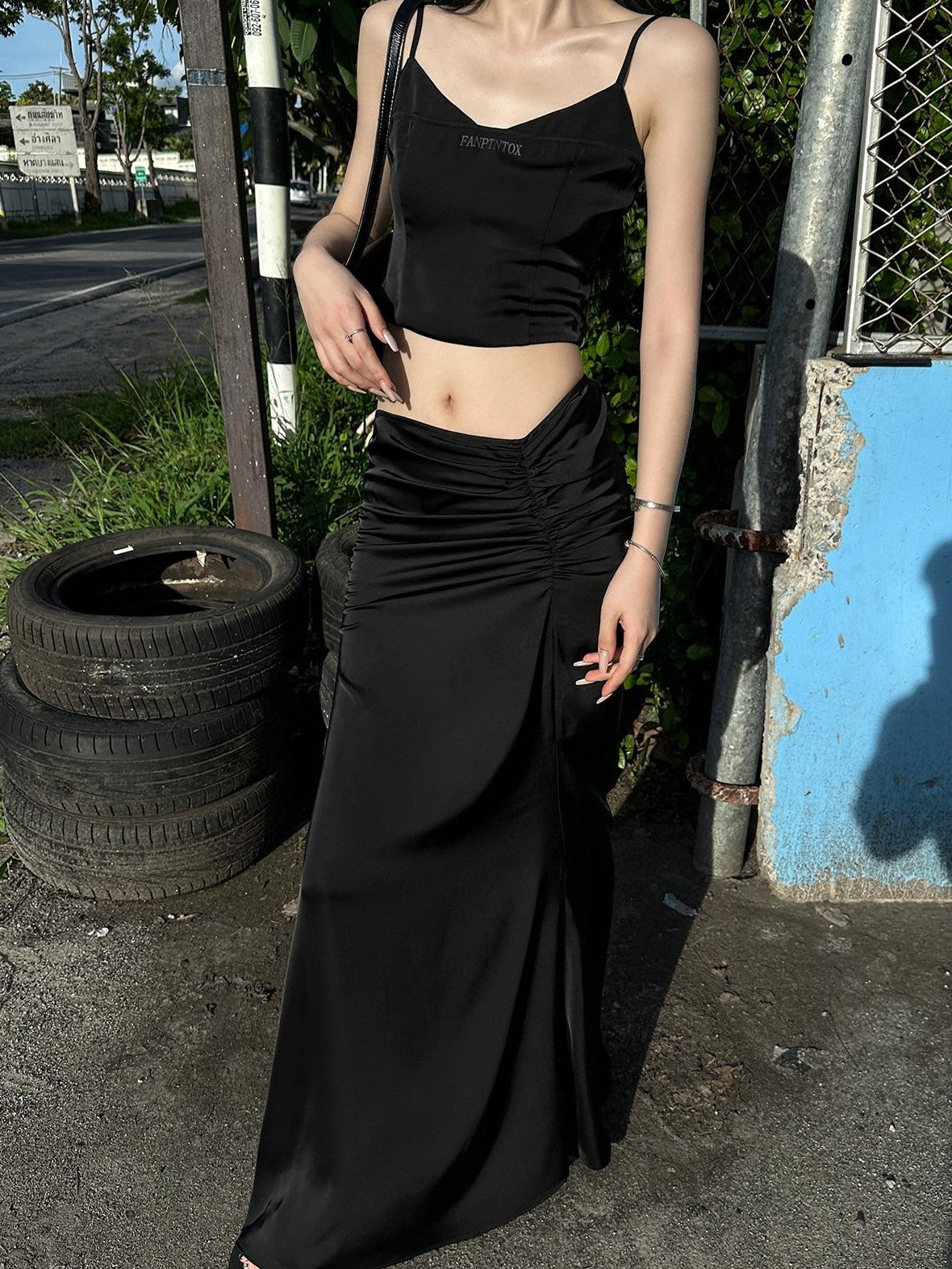 Fanptntox Black Solid Slim Cropped Street Style Women's Other Fabric Camisoles