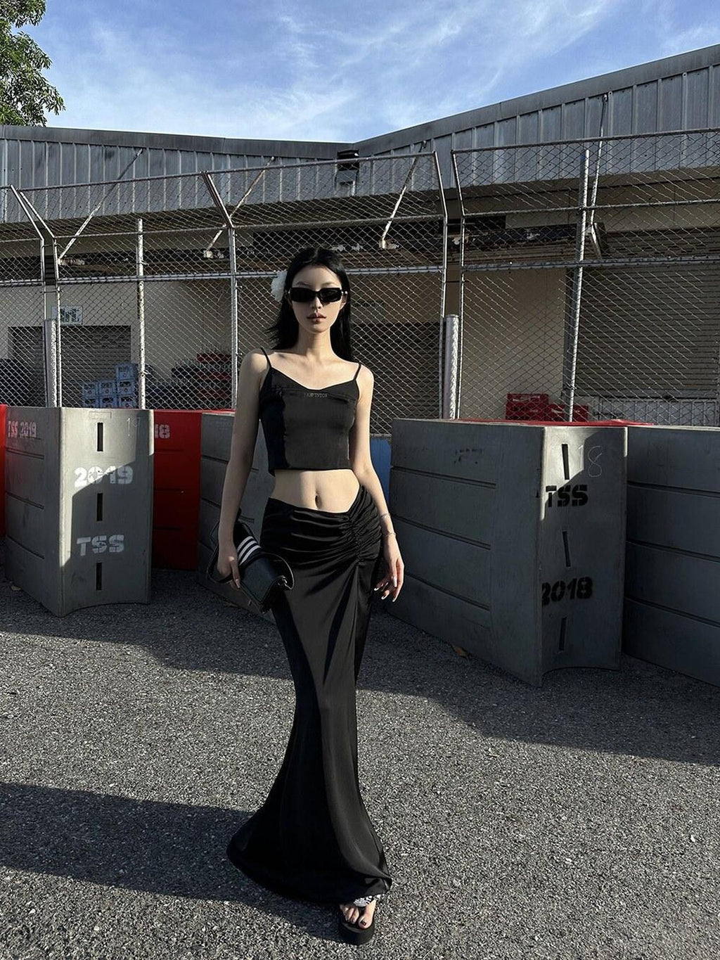 Fanptntox Black Solid Slim Cropped Street Style Women's Other Fabric Camisoles