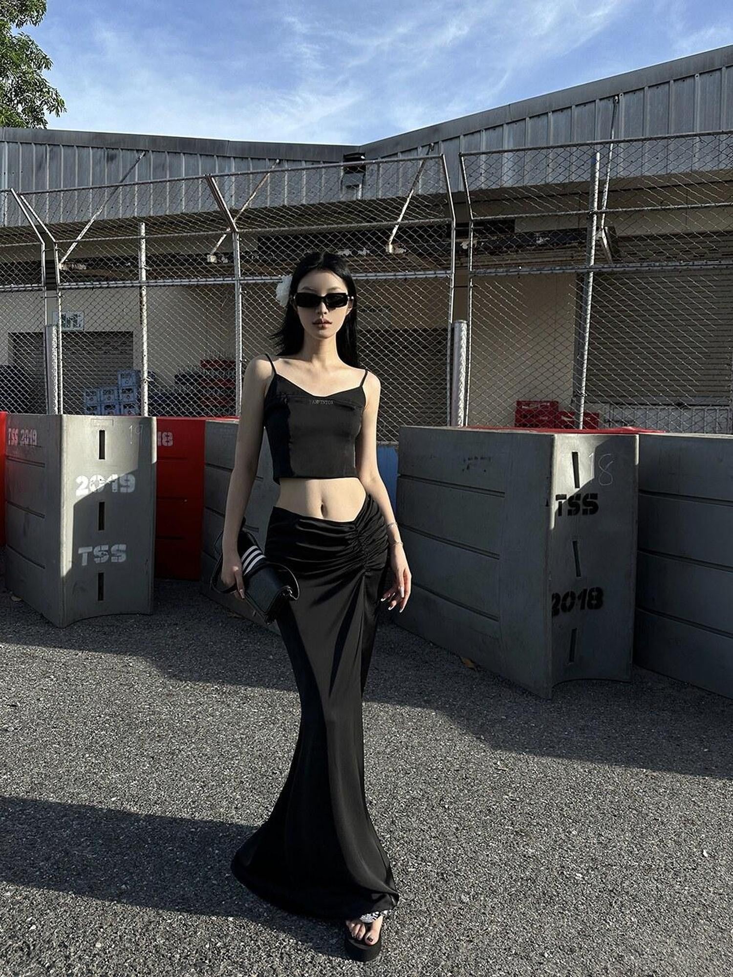 Fanptntox Black Solid Slim Cropped Street Style Women's Other Fabric Camisoles