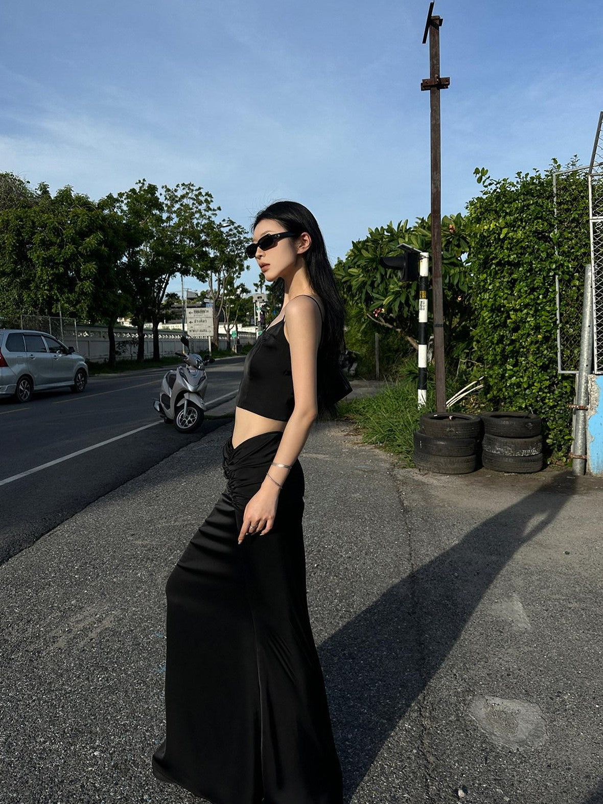 Fanptntox Black Solid Slim Cropped Street Style Women's Other Fabric Camisoles