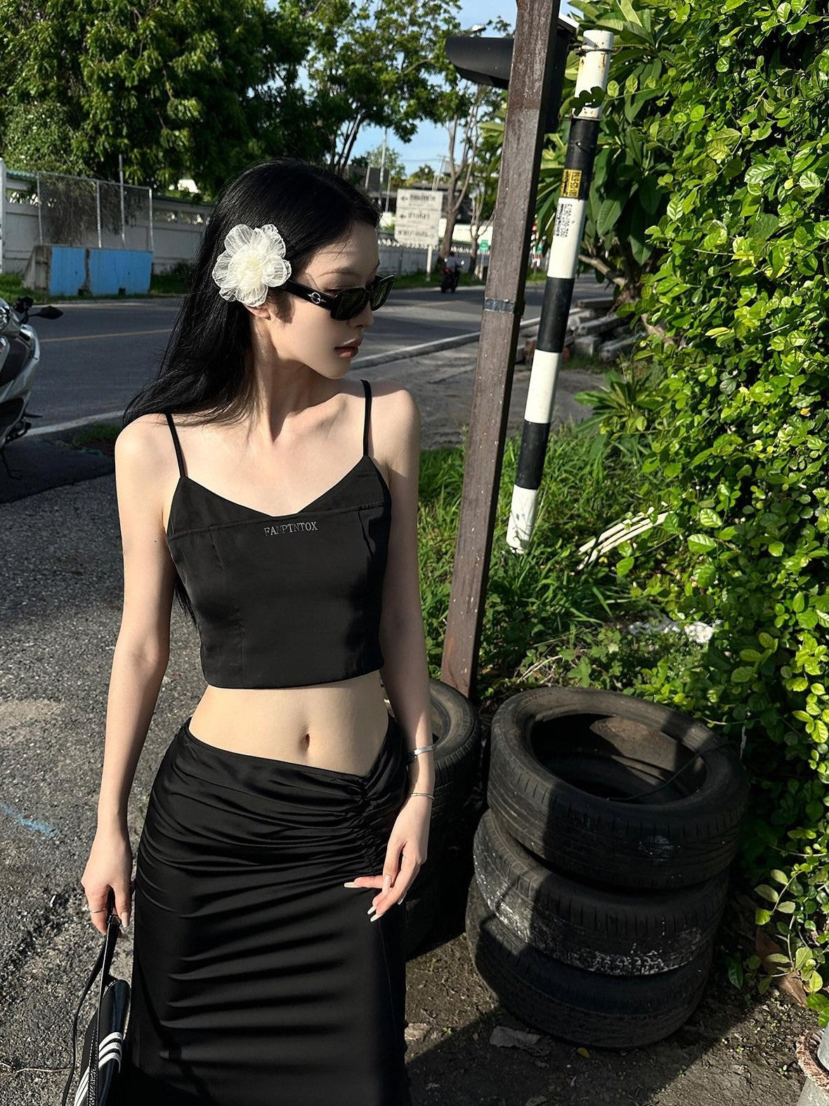 Fanptntox Black Solid Slim Cropped Street Style Women's Other Fabric Camisoles