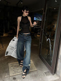 Fanptntox Black Solid Street Slim Fit Cropped Women's Other Fabric Halter Tops