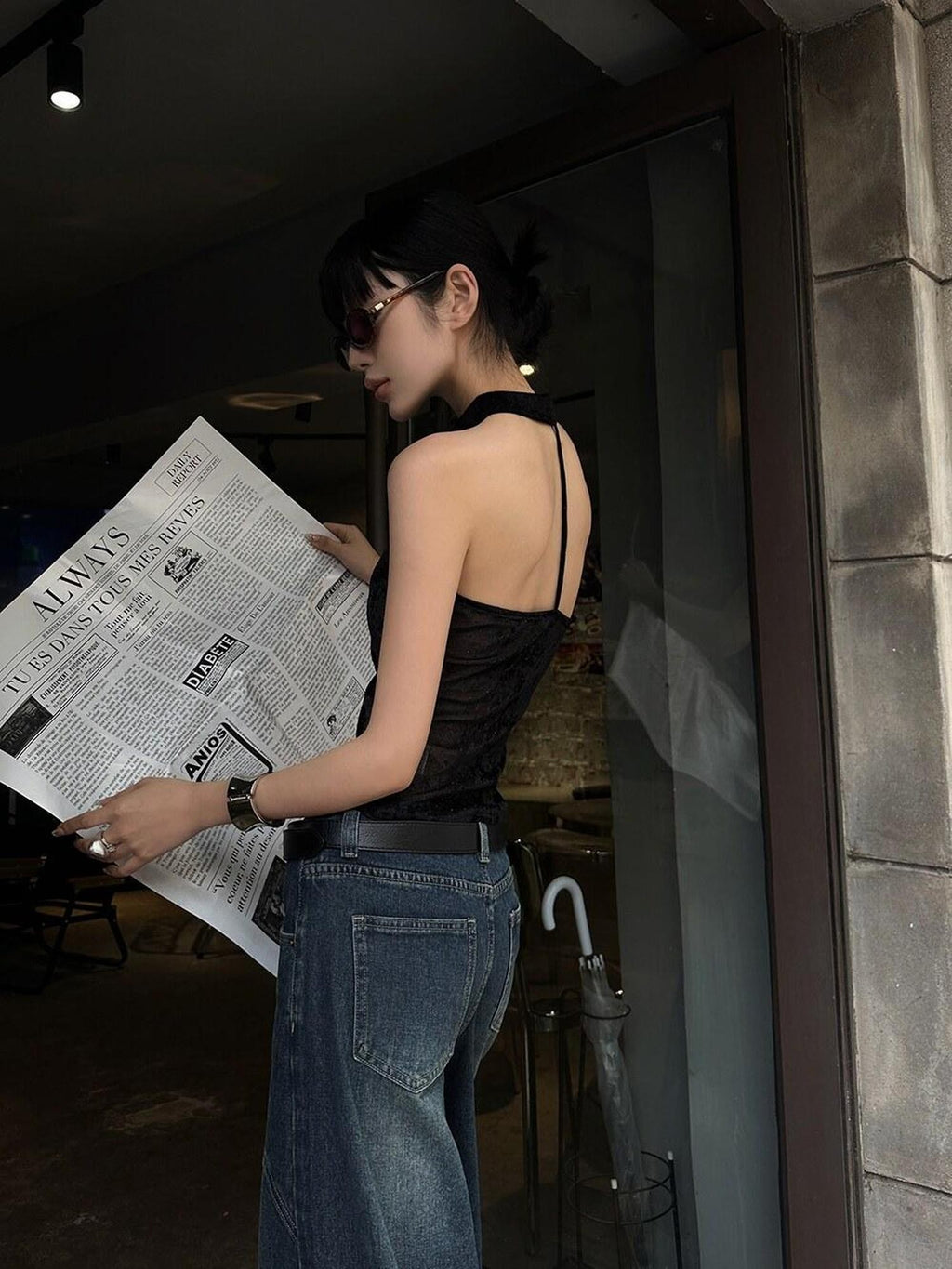 Fanptntox Black Solid Street Slim Fit Cropped Women's Other Fabric Halter Tops