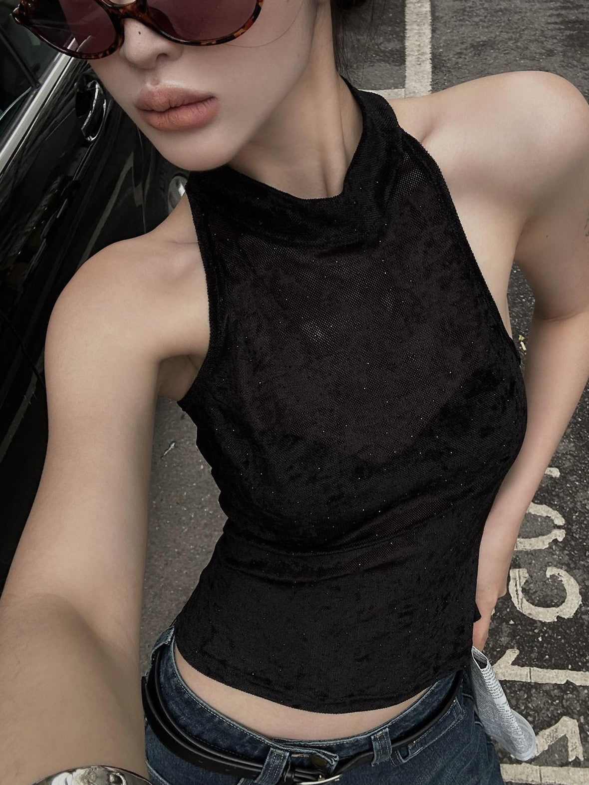 Fanptntox Black Solid Street Slim Fit Cropped Women's Other Fabric Halter Tops